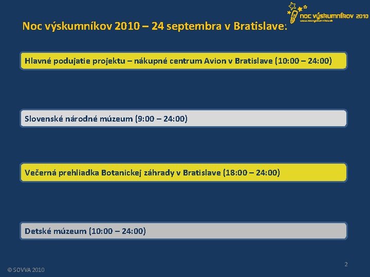 Noc výskumníkov 2010 – 24 septembra v Bratislave: Hlavné podujatie projektu – nákupné centrum