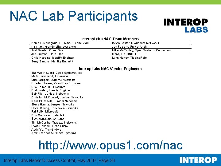 NAC Lab Participants Interop. Labs NAC Team Members Karen O'Donoghue, US Navy, Team Lead