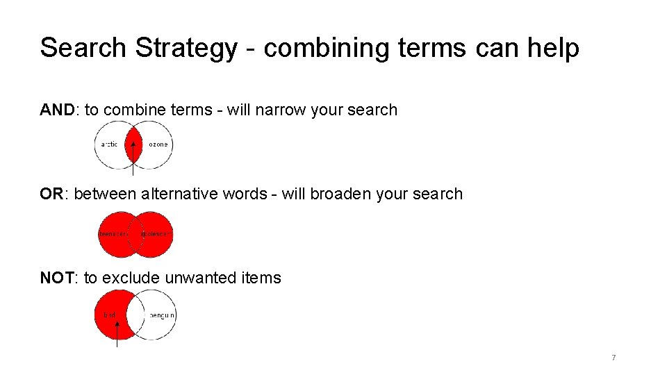 Search Strategy - combining terms can help AND: to combine terms - will narrow