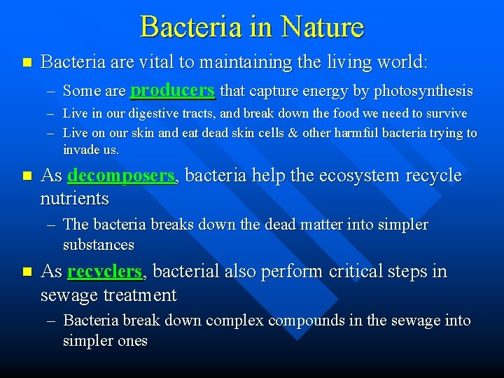 Bacteria in Nature n Bacteria are vital to maintaining the living world: – Some