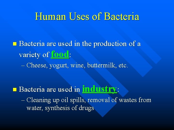 Human Uses of Bacteria n Bacteria are used in the production of a variety