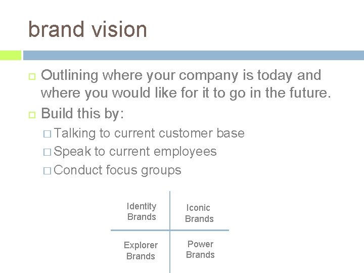 brand vision Outlining where your company is today and where you would like for