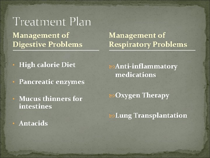 Treatment Plan Management of Digestive Problems Management of Respiratory Problems • High calorie Diet