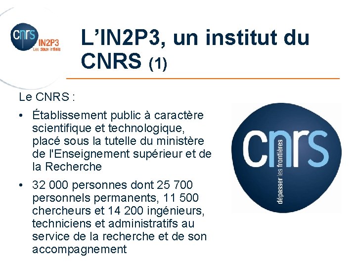 L’IN 2 P 3, un institut du CNRS (1) _______________________ Le CNRS : •