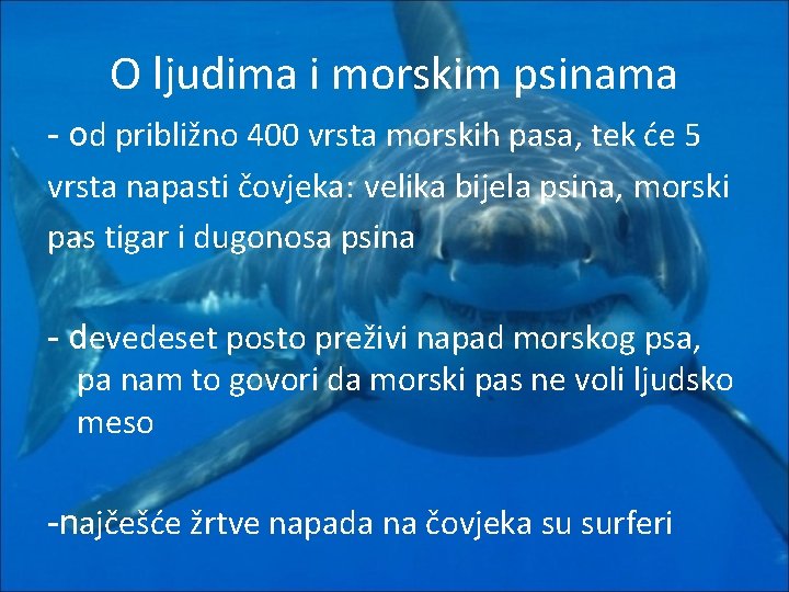 O ljudima i morskim psinama - od približno 400 vrsta morskih pasa, tek će