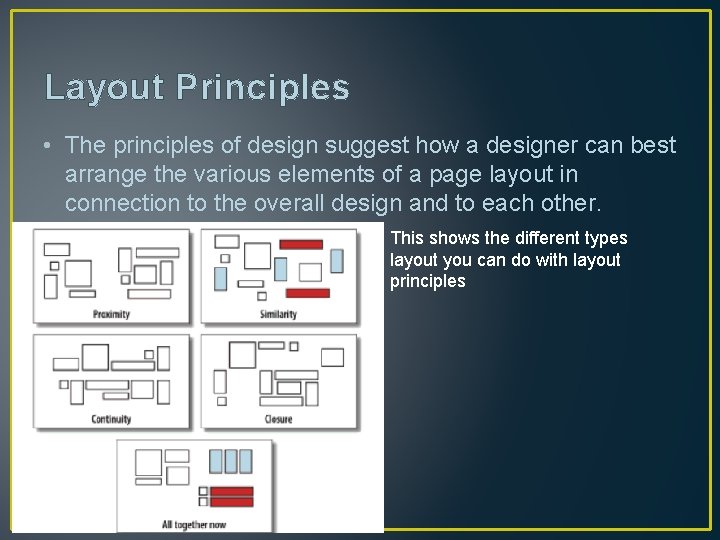 Layout Principles • The principles of design suggest how a designer can best arrange