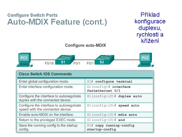 Configure Switch Ports Auto-MDIX Feature (cont. ) Příklad konfigurace duplexu, rychlosti a křížení 