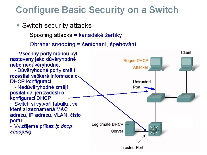 Configure Basic Security on a Switch § Switch security attacks Spoofing attacks = kanadské