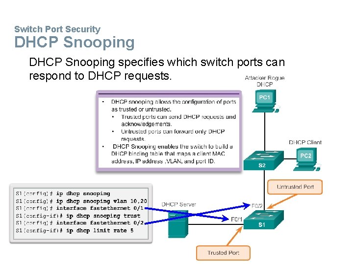 Switch Port Security DHCP Snooping specifies which switch ports can respond to DHCP requests.