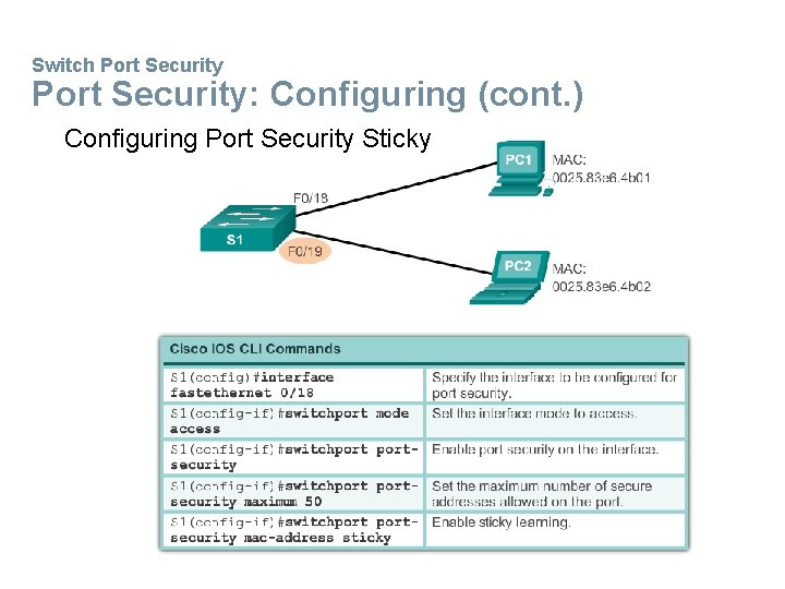 Switch Port Security: Configuring (cont. ) Configuring Port Security Sticky 