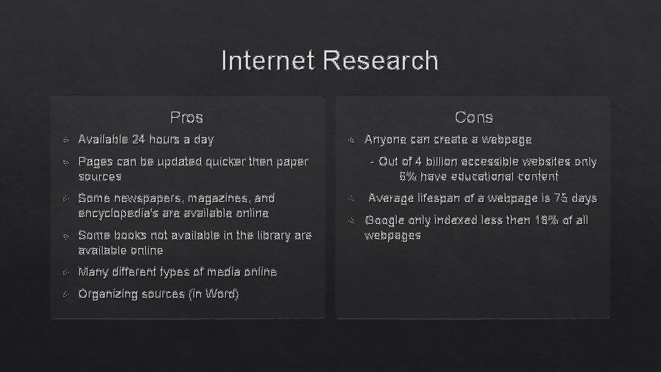 Internet Research Cons Pros Available 24 hours a day Pages can be updated quicker