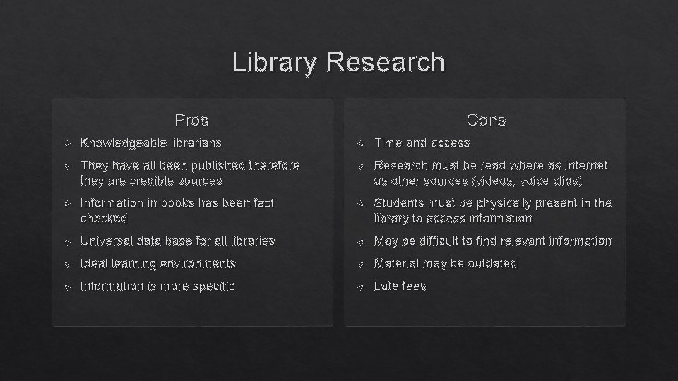 Library Research Cons Pros Knowledgeable librarians Time and access They have all been published