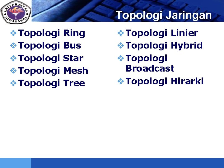 LOGO v Topologi v Topologi Jaringan Ring Bus Star Mesh Tree v Topologi Linier