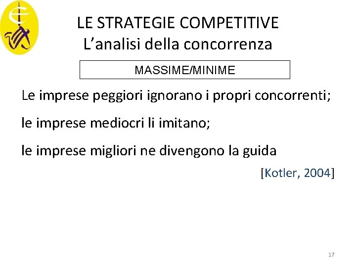 LE STRATEGIE COMPETITIVE L’analisi della concorrenza MASSIME/MINIME Le imprese peggiori ignorano i propri concorrenti;