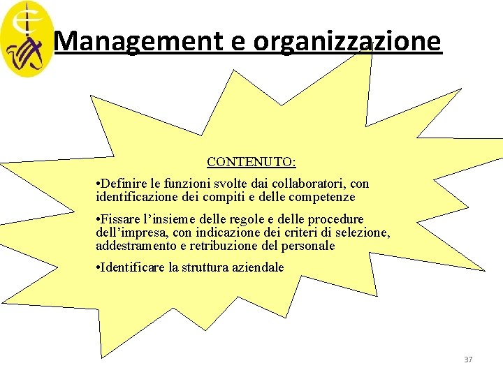 Management e organizzazione CONTENUTO: • Definire le funzioni svolte dai collaboratori, con identificazione dei