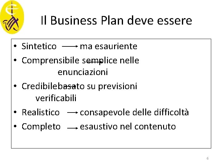 Il Business Plan deve essere • Sintetico ma esauriente • Comprensibile semplice nelle enunciazioni