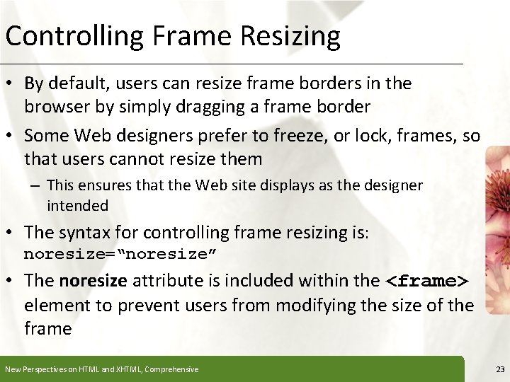 Controlling Frame Resizing XP • By default, users can resize frame borders in the