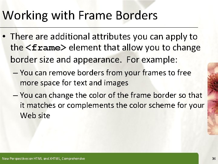 Working with Frame Borders XP • There additional attributes you can apply to the