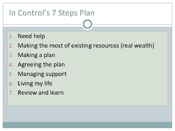 In Control’s 7 Steps Plan 1. Need help 2. Making the most of existing