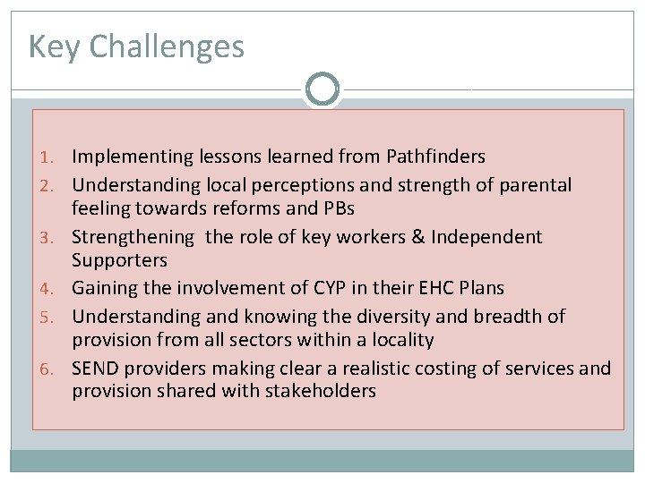 Key Challenges 1. Implementing lessons learned from Pathfinders 2. Understanding local perceptions and strength