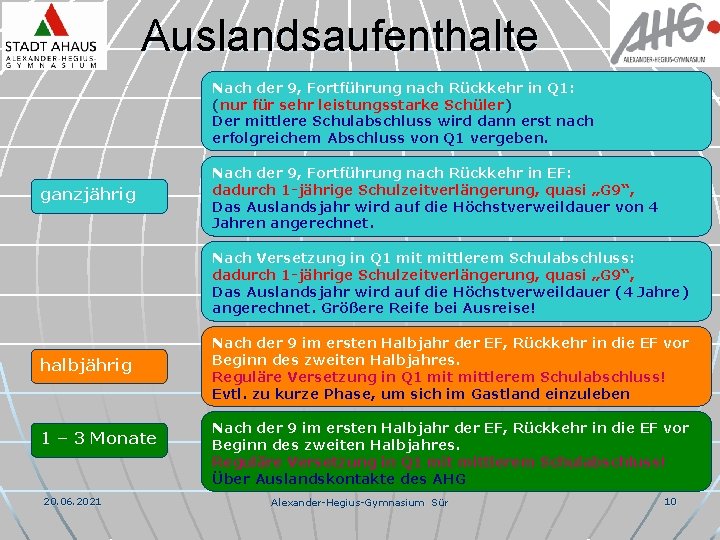 Auslandsaufenthalte Nach der 9, Fortführung nach Rückkehr in Q 1: (nur für sehr leistungsstarke