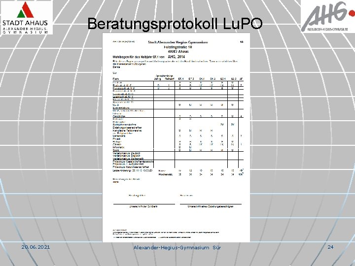 Beratungsprotokoll Lu. PO 20. 06. 2021 Alexander-Hegius-Gymnasium Sür 24 