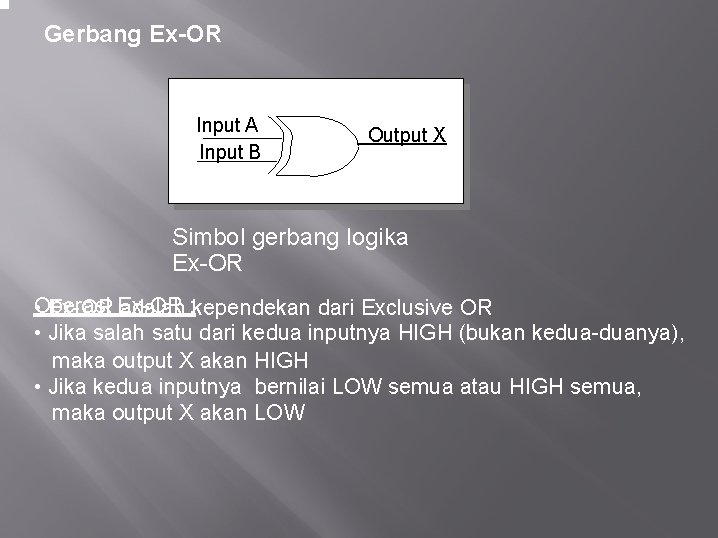 Gerbang Ex-OR Input A Input B Output X Simbol gerbang logika Ex-OR • Operasi