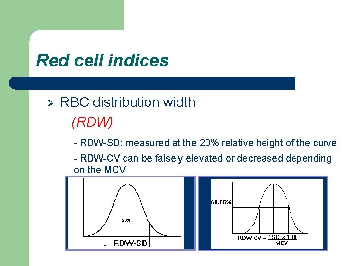 Red cell indices Ø RBC distribution width (RDW) - RDW-SD: measured at the 20%
