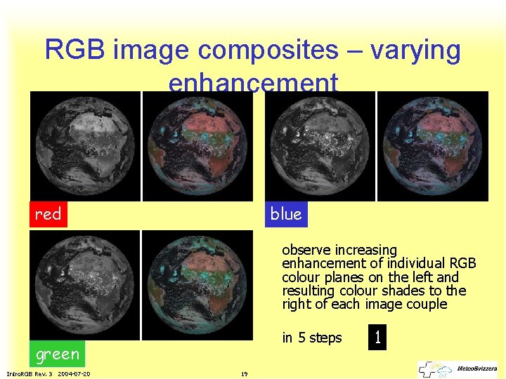 RGB image composites – varying enhancement red blue observe increasing enhancement of individual RGB