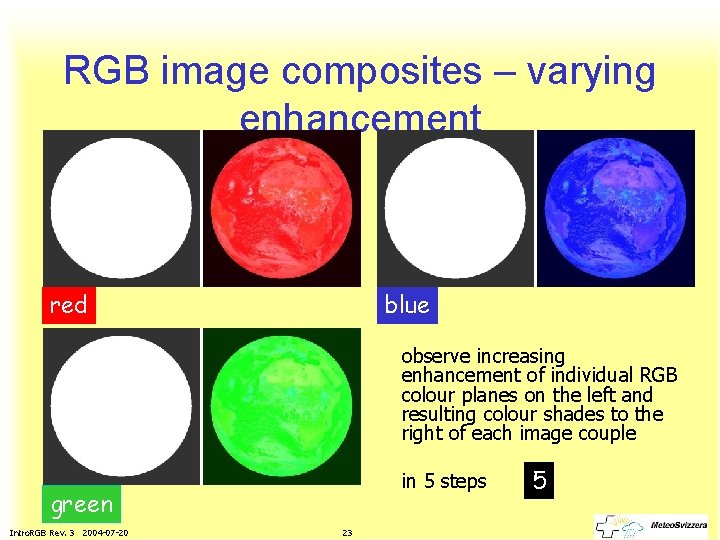 RGB image composites – varying enhancement red blue observe increasing enhancement of individual RGB