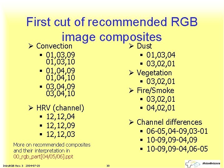 First cut of recommended RGB image composites Ø Convection § 01, 03, 09 01,