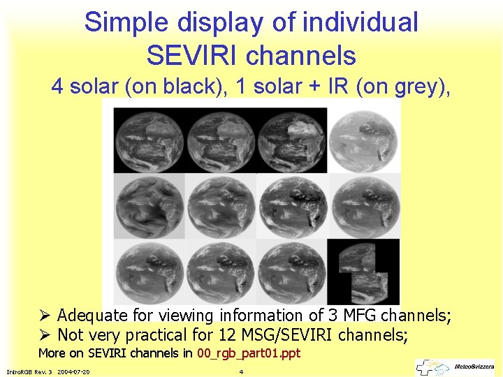 Simple display of individual SEVIRI channels 4 solar (on black), 1 solar + IR
