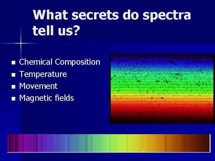 What secrets do spectra tell us? n n Chemical Composition Temperature Movement Magnetic fields