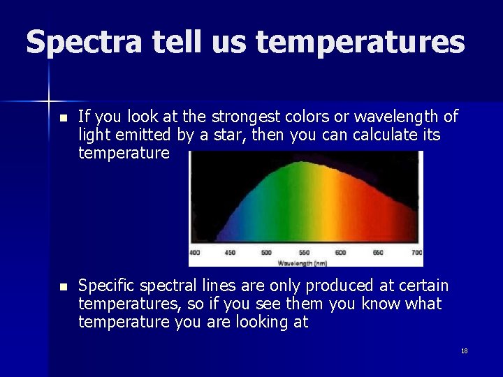 Spectra tell us temperatures n If you look at the strongest colors or wavelength