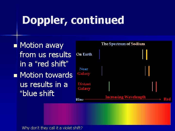 Doppler, continued Motion away from us results in a “red shift” n Motion towards