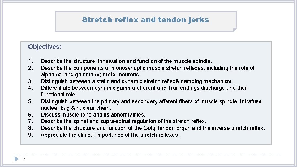 Stretch reflex and tendon jerks Objectives: 1. 2. 3. 4. 5. 6. 7. 8.