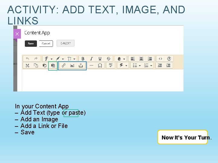 ACTIVITY: ADD TEXT, IMAGE, AND LINKS In your Content App – Add Text (type