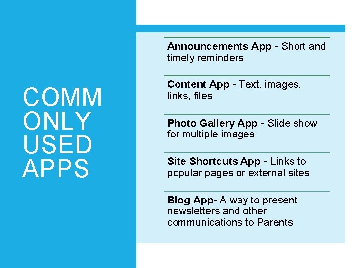 Announcements App - Short and timely reminders COMM ONLY USED APPS Content App -
