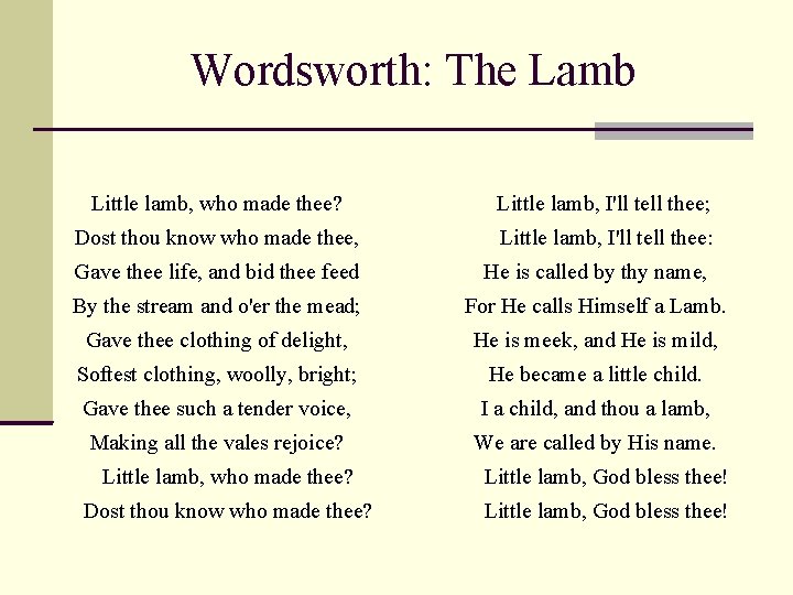 Wordsworth: The Lamb Little lamb, who made thee? Little lamb, I'll tell thee; Dost