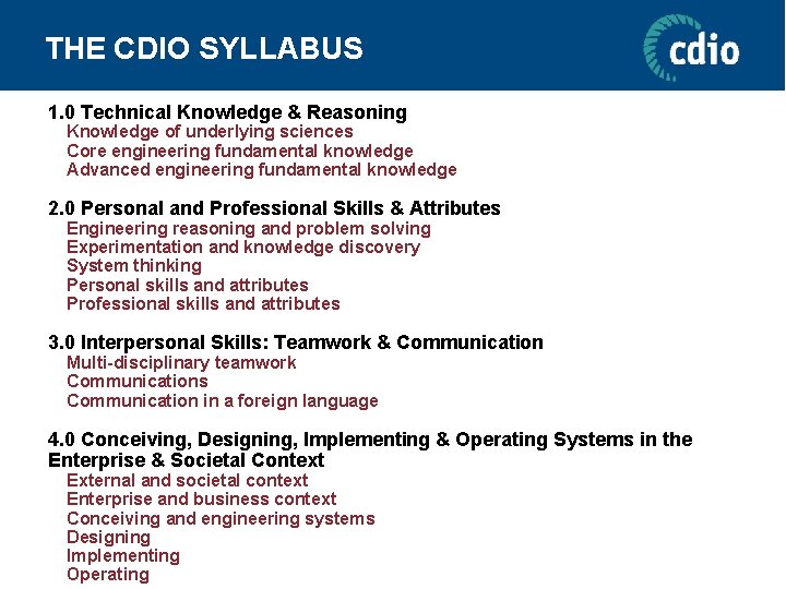 THE CDIO SYLLABUS 1. 0 Technical Knowledge & Reasoning Knowledge of underlying sciences Core