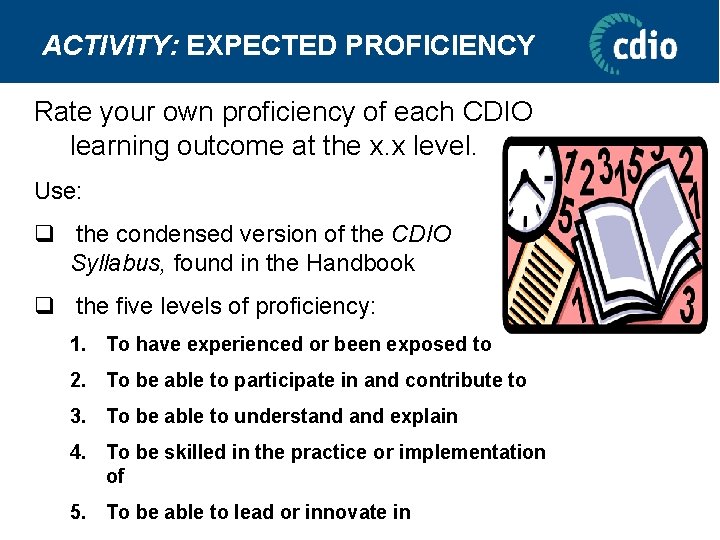 ACTIVITY: EXPECTED PROFICIENCY Rate your own proficiency of each CDIO learning outcome at the
