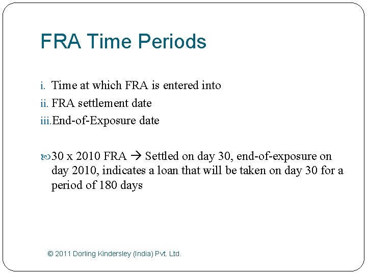 FRA Time Periods i. Time at which FRA is entered into ii. FRA settlement