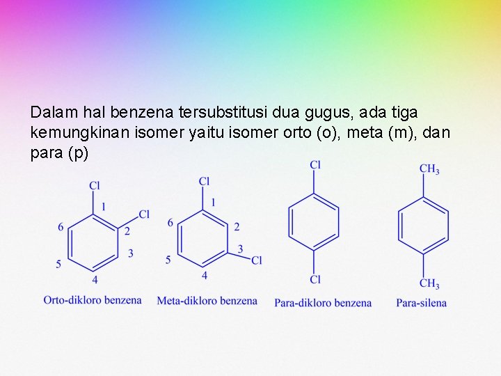 Dalam hal benzena tersubstitusi dua gugus, ada tiga kemungkinan isomer yaitu isomer orto (o), Dalam hal benzena tersubstitusi dua gugus, ada tiga kemungkinan isomer yaitu isomer orto (o),
