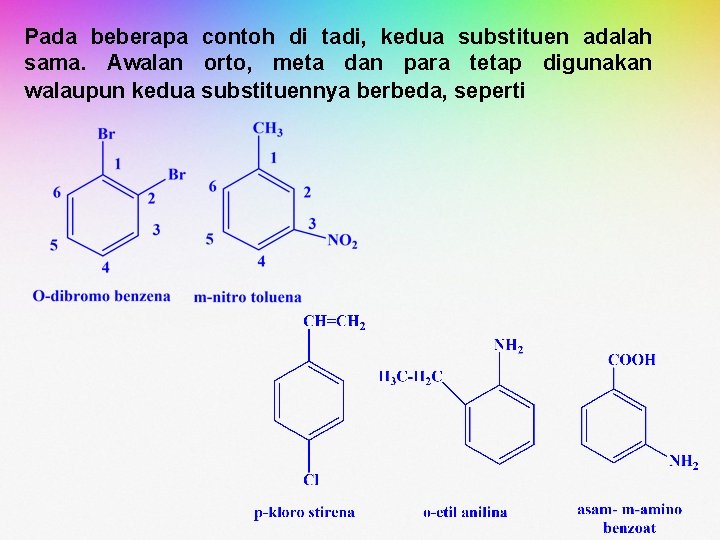 Pada beberapa contoh di tadi, kedua substituen adalah sama. Awalan orto, meta dan para Pada beberapa contoh di tadi, kedua substituen adalah sama. Awalan orto, meta dan para