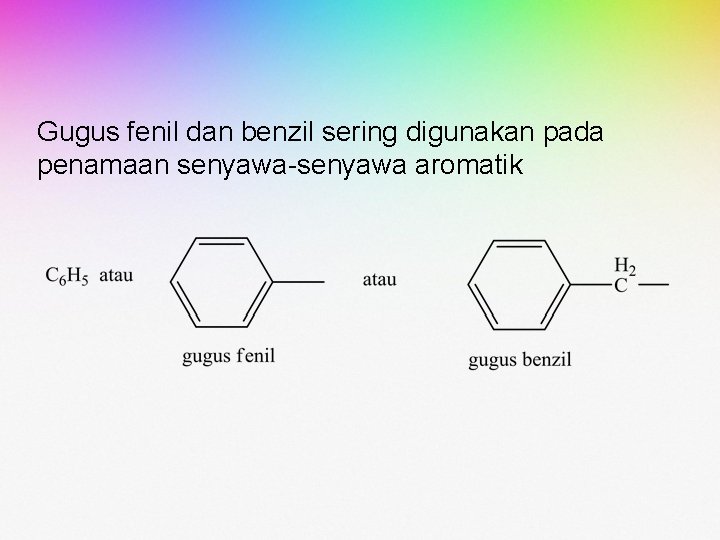 Gugus fenil dan benzil sering digunakan pada penamaan senyawa-senyawa aromatik Gugus fenil dan benzil sering digunakan pada penamaan senyawa-senyawa aromatik