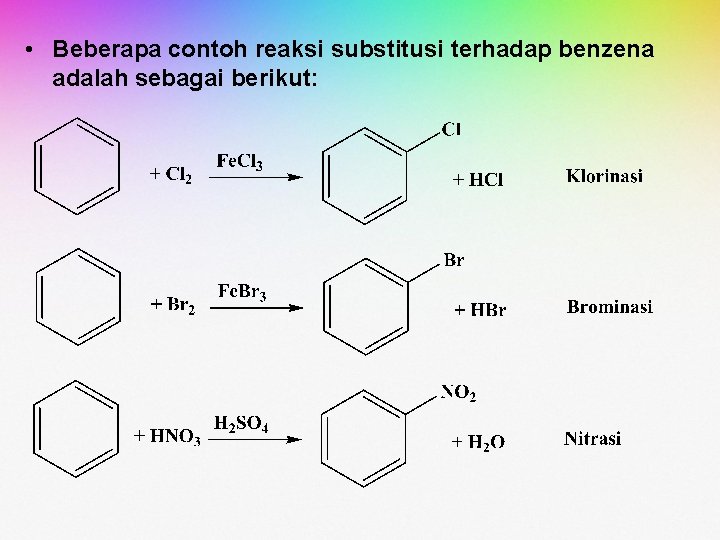• Beberapa contoh reaksi substitusi terhadap benzena adalah sebagai berikut: • Beberapa contoh reaksi substitusi terhadap benzena adalah sebagai berikut: