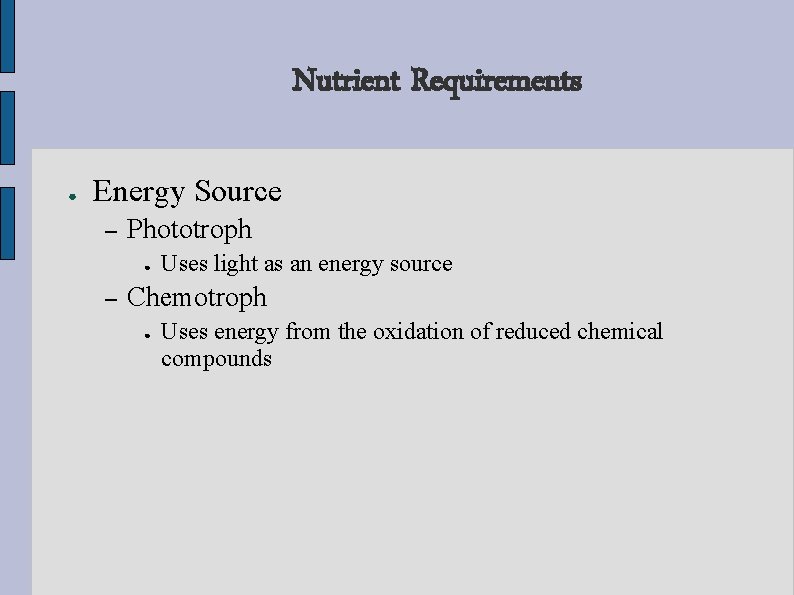 Nutrient Requirements ● Energy Source – Phototroph ● – Uses light as an energy Nutrient Requirements ● Energy Source – Phototroph ● – Uses light as an energy