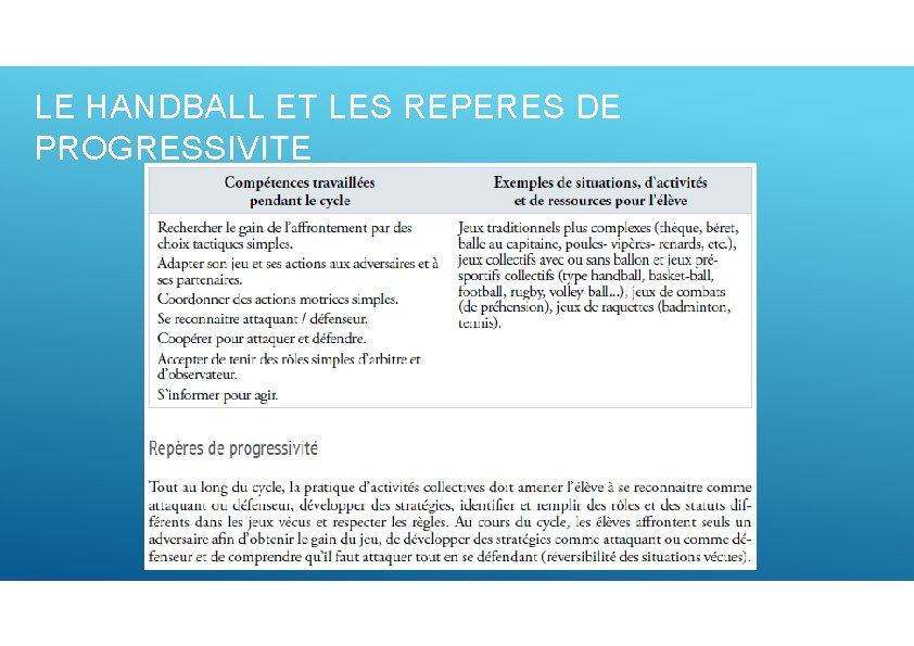 LE HANDBALL ET LES REPERES DE PROGRESSIVITE 