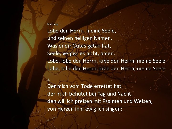 Refrain Lobe den Herrn, meine Seele, und seinen heiligen Namen. Was er dir Gutes