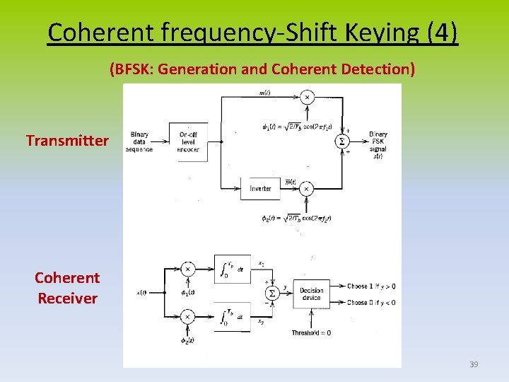Coherent frequency-Shift Keying (4) (BFSK: Generation and Coherent Detection) Transmitter Coherent Receiver 39 
